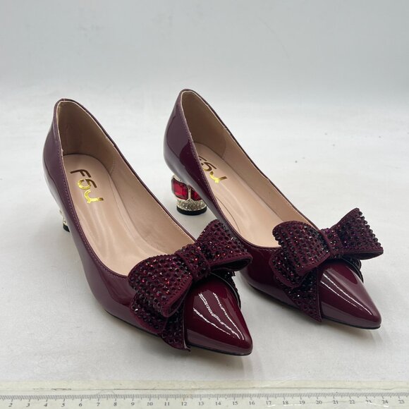 FSJ Dark Grayish Purple Pointed Toe Crystal Rhinestone Bow Block Low Heel Pump - Picture 4 of 8